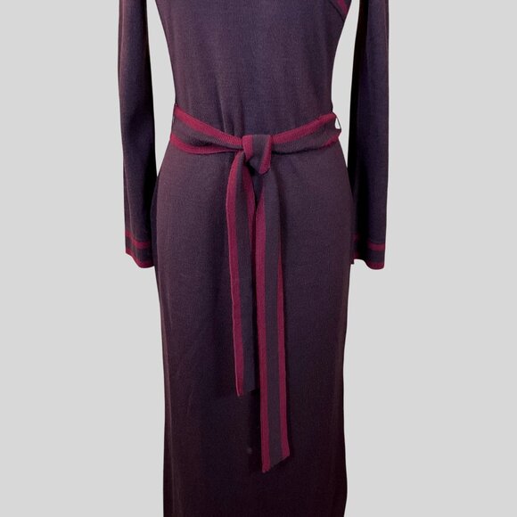 Papell Boutique Long Sleeve Brown Red V-Neck Wool Blend Sweater Dress w/Belt LG - Picture 3 of 6
